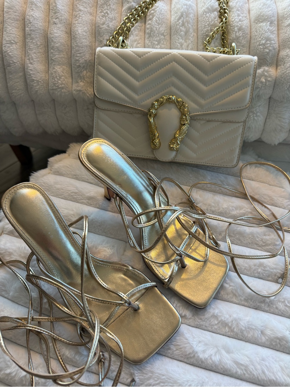 Metallic Gold Strappy Lace-Up Heeled Sandals - Women Shoes